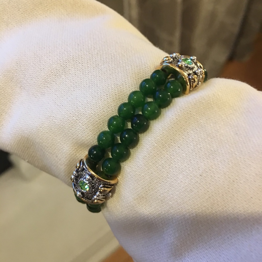 Green agate & silver metal stretchable bracelet - Picture 5 of 8
